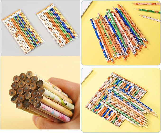 50pcs Mixed Random Pencils with Eraser Wood Pencils Bulk for Goodie Bags or Treat Gift Prize Stationery Office Supply (Random design, 50)