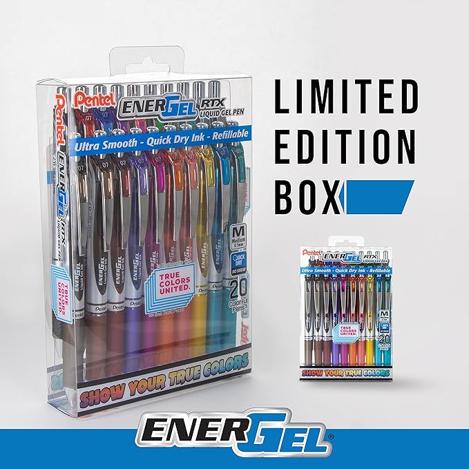 Pentel EnerGel RTX True Colors United 0.7mm Medium Line, 20 Assorted ink Colors, Pack of 20 pens BL77PC20MTCU