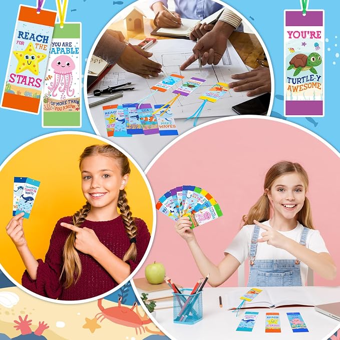Jetec 80 Pcs Under The Sea Bookmark Inspirational Ocean Animals Fish Turtle Bookmark with Ribbon Motivational Sea Life Page Clips for Summer Classroom Back to School Gifts