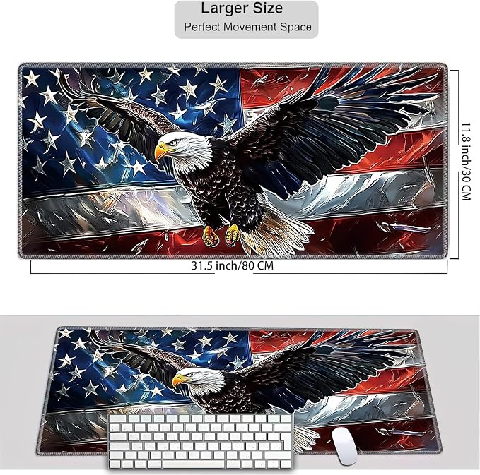 Mouse Pad Gaming Mousepad 31.5x11.8 Inch XXL Large + Coasters,Desk Mat with Stitched Edges, Non-Slip Rubber Base, Thick Mouse Pad for Computer, Laptop, Office & Home - American Flag Eagle