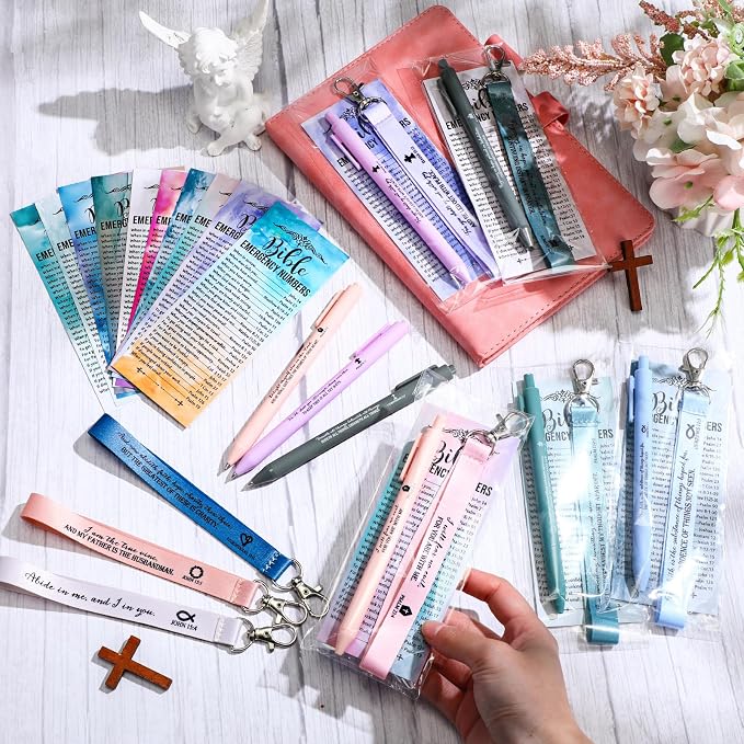 Sinload 25 Set Christian Gift Bulk Bible Emergency Numbers Bookmark with Silicone Keychains Scripture Quote Pen Religious Study Supplies for Father Day Church Bible Study Group (Watercolor)