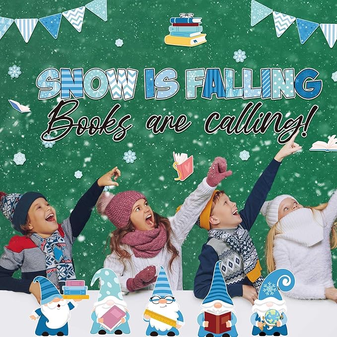 Pasimy Winter Bulletin Board Decorations Gnome Reading Classroom Decor January Bulletin Board Set Snow is Falling Books are Calling Snowflake Cutouts for Kindergarten Office Library Wall Door Display
