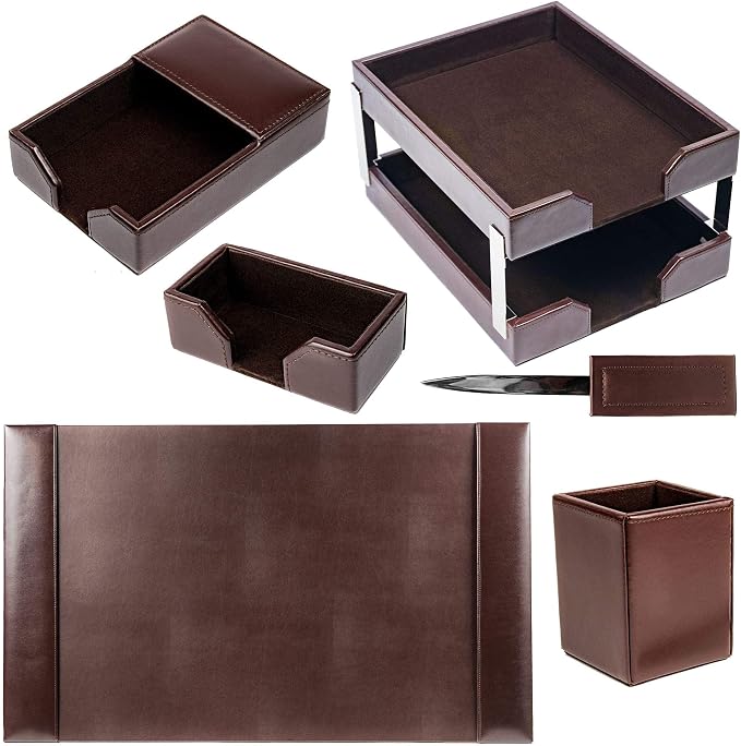 DACASSO Bonded Leather Desk Set - Luxury Leather Desk Pad & Desk Organization Essentials - Office Organization & Executive Desk Decor - (Dark Brown, 8 Piece)