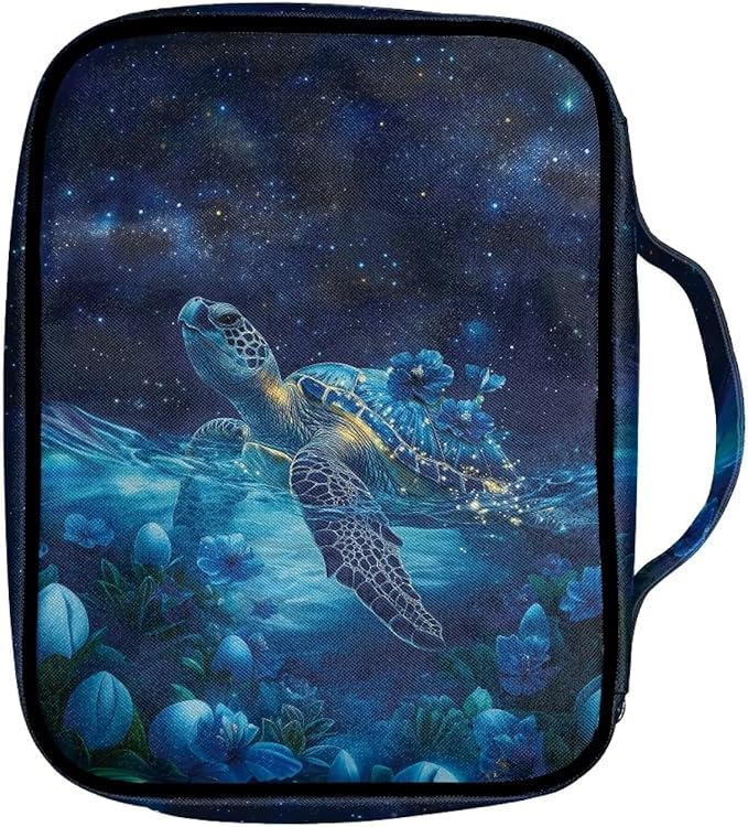 Suobstales Galaxy Turtle Flower Print Bible Cover Carrying Book Case for Women Men Lightweight Bible Bag Bible Protective with Handle and Zippered Pocket