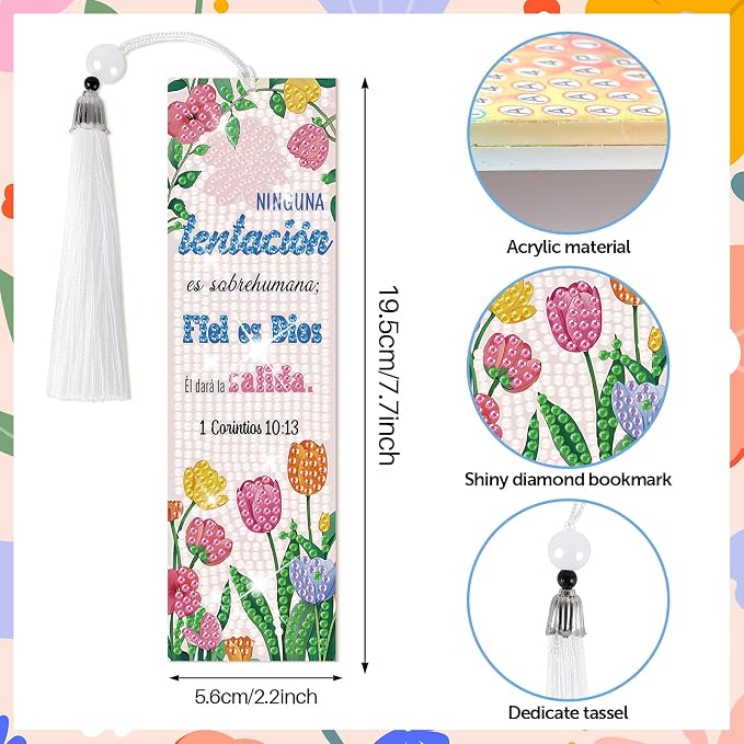 8 Pieces Christian Bible Verse Diamond Art Bookmarks 5d Christian Beaded Bookmark Acrylic Tassel Bookmark for DIY Making Beginners Adults Arts Craft Supplies (Spanish)