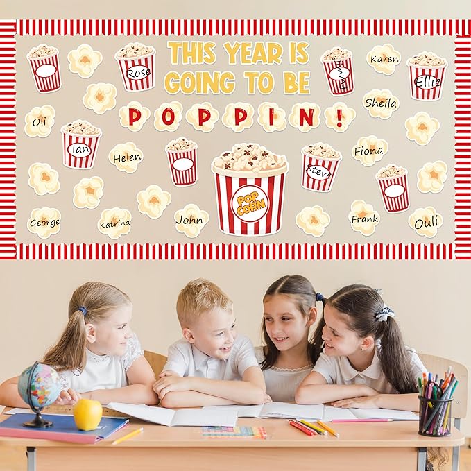 134Pcs Back to School Popcorn Bulletin Board Classroom Decoration Cute Popcorn Boxes Cutouts Name Tags Boarder Trim Back to School Popping Party Classroom Chalkboard Wall Door Decor Supplies