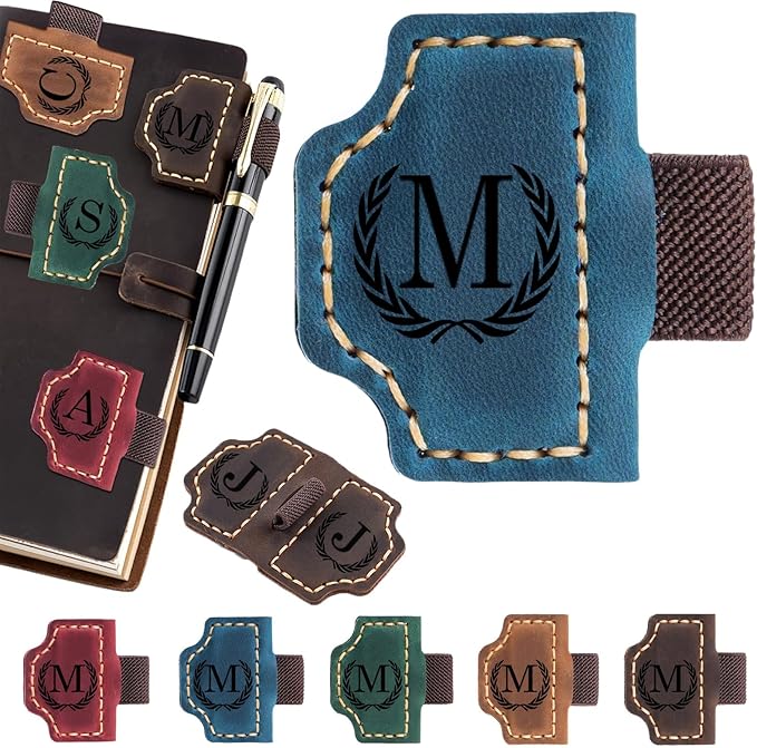 Artlaza Personalized Magnetic Leather Bookmark with Pen Holder - 26 Letters Custom Book Mark with Name Initial Engraved Book Marker for Readers, Book Lovers, Travelers - Gift for Women & Men(Blue，M