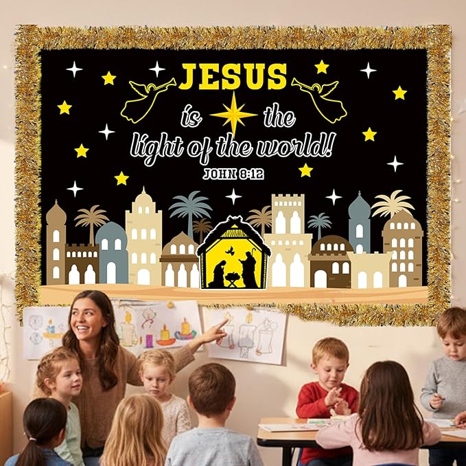 Pasimy Nativity Religious Bulletin Board Classroom Decorations Set Jesus Holy Night Scene 3D Bulletin Board Christian Bible Verse Paper Cutouts for Winter Holiday Xmas School Church Decor