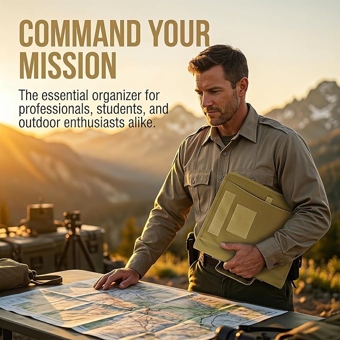 Tactical Notebook Cover, A4 Padfolio with Detachable 3-Ring Ring Binder, Multi-Pocket Organizer & Hand Strap, Zippered Hardcase Planner(Khaki, A4(13.8 x 12 inches))
