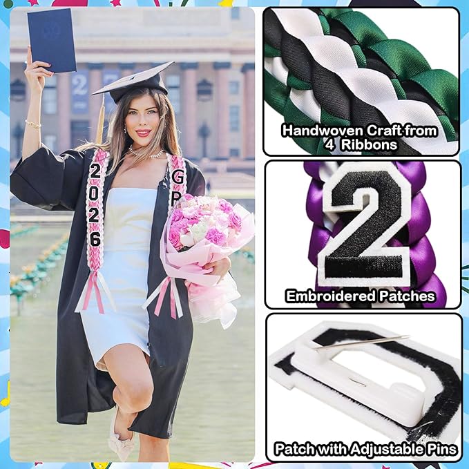 Graduation Leis 2026 Money Ribbon Leis for Graduation Class of 2026 Braided 48inch Graduation Necklace for High School,College Graduation Party Gifts,Blue,White and Black