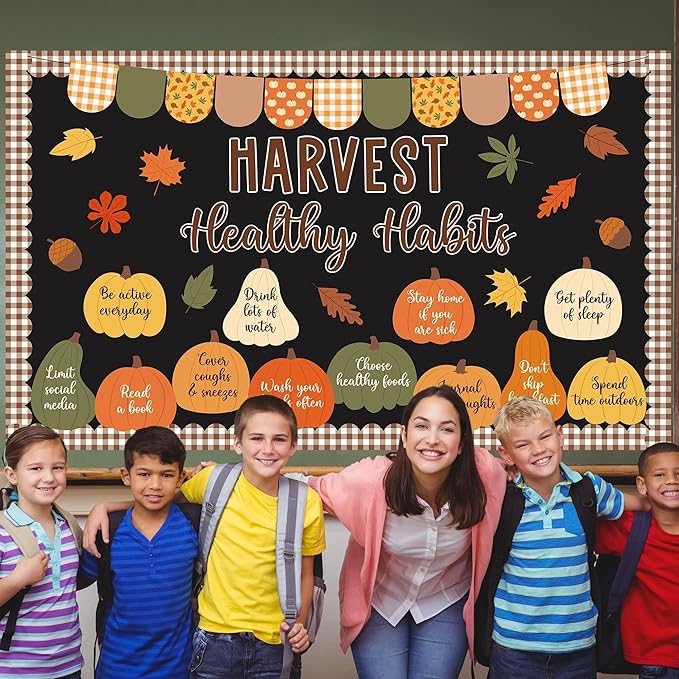 Hearvest Healthy Habits Bulletin Board Set Fall Classroom Decoration Cutouts Pumpkins Leaves Autumn Bulletin Board for School Home Office Chalkboard Whiteboard Wall Window Door Decor Supplies