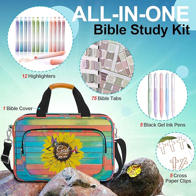 Bible Case for Women,Large Bible Cover,Bible Carrier,Bible Bag for Women Organizer,Sunflower Hummingbird Bible Holder,God Says You Are,Bible Study Supplie Kit With Highlighters,Tabs,Pen,Christian Gift