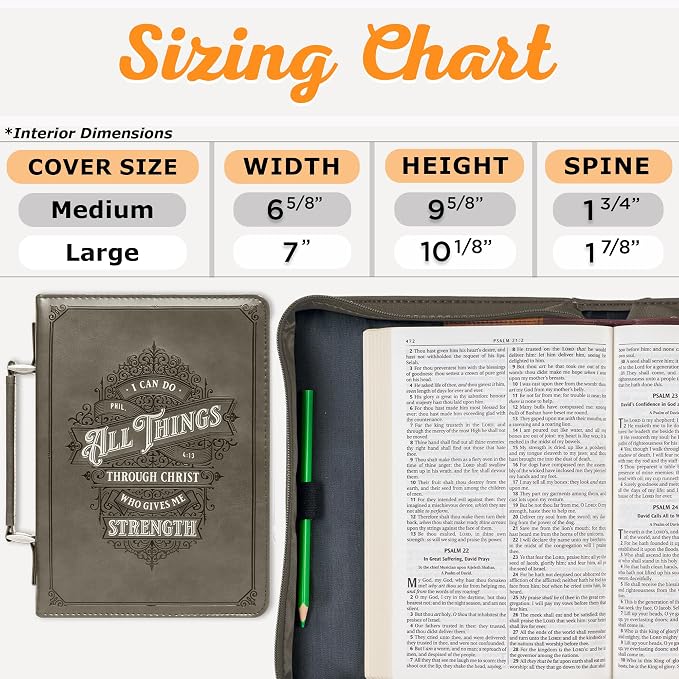 Christian Art Gifts Protective Gray Faux Leather Classic Bible Cover Carry Case: All Things Through Christ - Philippians 4:13 Bible Verse with Zipper and Pocket, Medium