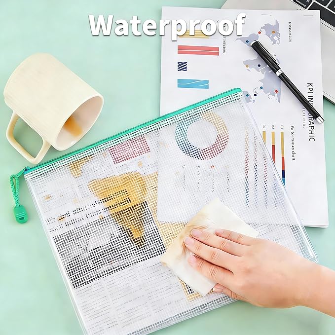 18-Pack Mesh Zipper Pouch Set with 1 Organizer Bag, 5 Sizes (A4 A5 A6 Bill B6) Clear Waterproof File Bags for Categorized Storage, Professional Travel & Home Office (19pcs)