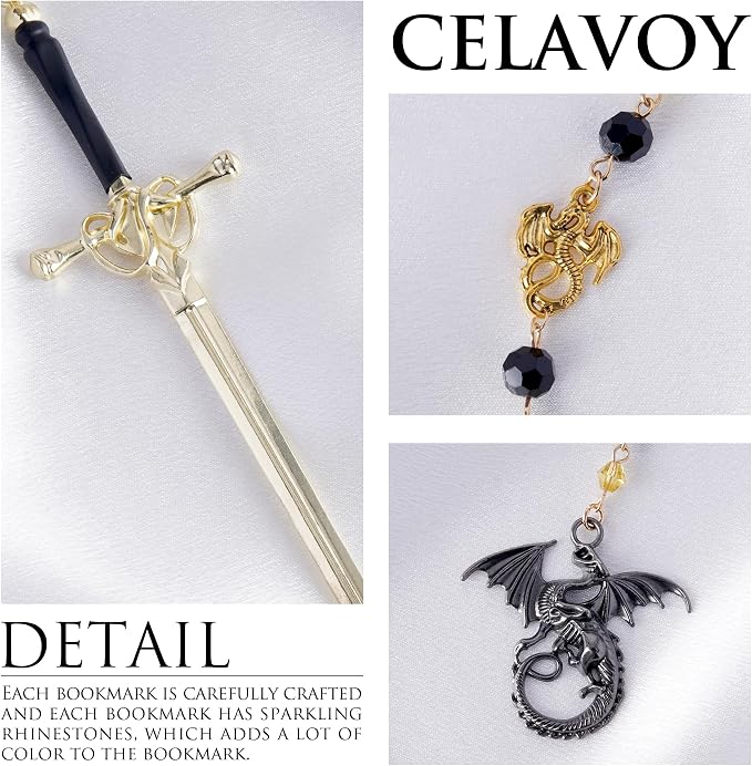 Fantasy Dragon Sword Bookmark - Wing Metal Book Marks Crystal Beads Dragons Fourth Chain Page Mark Bookish Birthday Gifts Reading Accessories for Men Women Students Teachers Lovers Readers