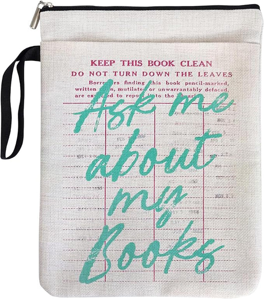Ask Me About My Books Book Sleeve for Women Book Lovers, Library Card Pattern Bookcover Protector for Paperbacks with Handle & Pocket for Friends Librarian Bookish Book Club, Christmas Gifts
