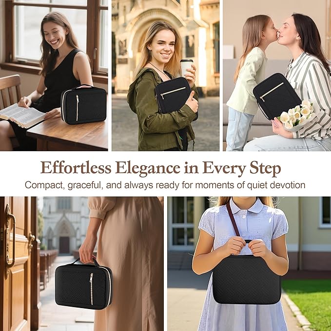 Durable and Protective Bible Cover Case for Women,Portable Bible Carrier Organizer Bag with Zipper,Christian Gift for Women,Includes 15 Magnetic Bookmarks,Great for Church,Travel or Daily Use,Black