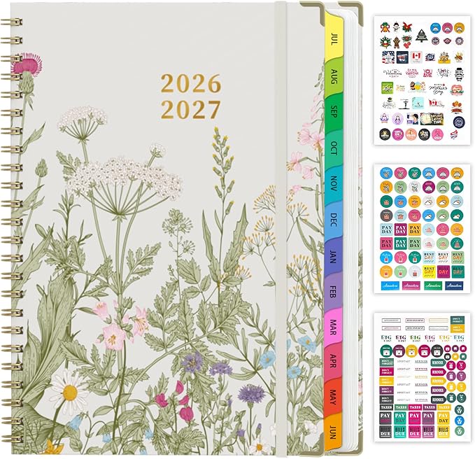 Academic Planner 2026–2027, A4 Hardcover Weekly Monthly Planner, Large 8.5" x 11" School Year Planner July 2026 to July 2027, with Bookmark, Pocket Folder and Sticky Notes, Garden Flowers