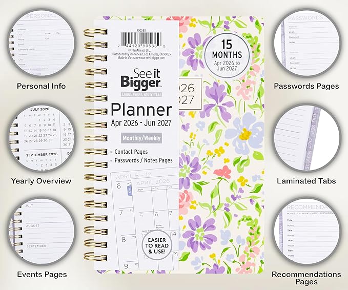 PlanAhead Small 2026 Planner - April 2026-June 2027 4.5"x6.5" 15 Month Weekly & Monthly Academic Planner with Tabs - Fashion Floral Design - Spiral Calendar Agenda for School, Work, & Office