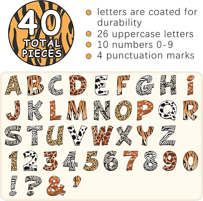 40 Sheets Safari Animal Prints Letters Cutout 4.8 Inch Jungle Bulletin Board Letters and Number Accents with Glue Point Dots for Classroom Baby Shower Safari Jungle Birthday Party Decors