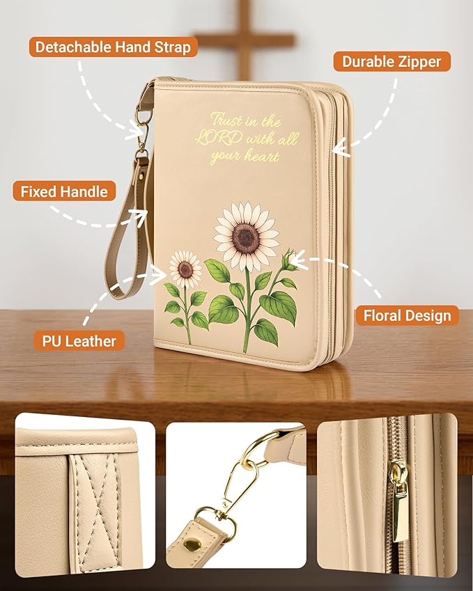 Bible Cover Case for Women, Large PU Leather Bible Bag with Multiple Pockets, Reinforced Handle and Wrist Strap, Zippered Organizer for Bible Study and Church, Gift for Her, Beige