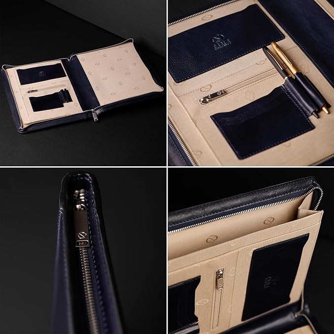 Time Resistance Leather Portfolio - A4 Document Folder - Italian Handcrafted Padfolio Organizer (Blue) - Gift Box Included