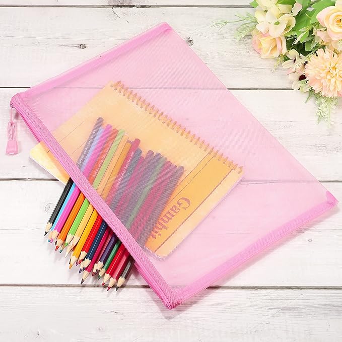 MECCANIXITY Mesh Zipper Bags, A4 Nylon Zip Pouch Pencil Case Storage Pockets for Travel Office Accessories, Pink Pack of 6