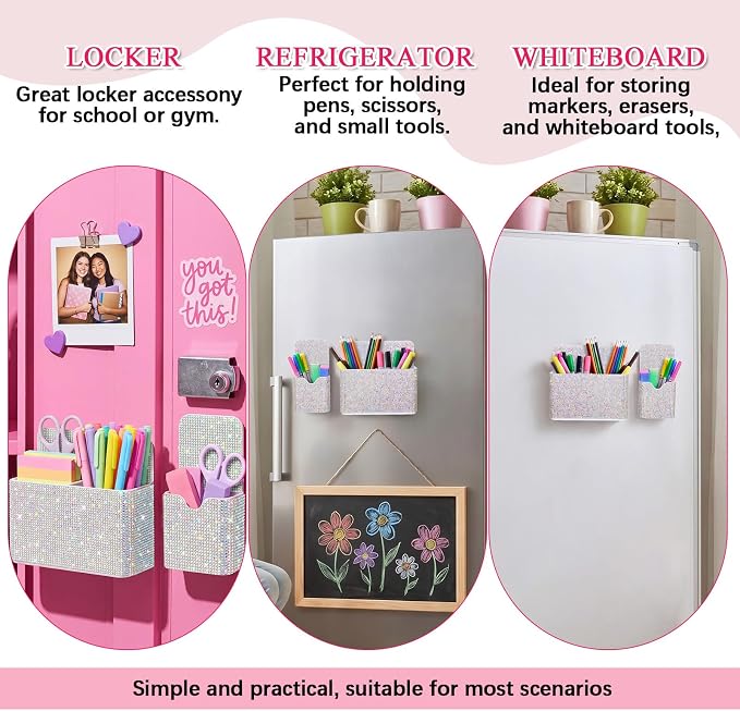 MotiMind 2 Pcs White Bling Magnetic Marker Holder Women Girl Locker Accessories Marker Pen Pencil Holder for Refrigerator Whiteboard Sparkly Gift Desk Organizer for School Office (Rhinestone)