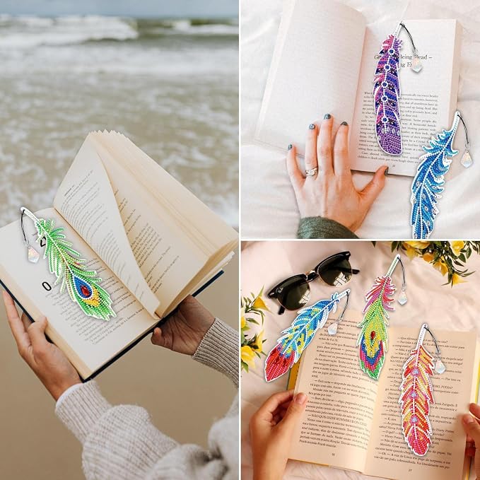 12 Pcs Feather Diamond Painting Bookmarks, Diamond Art Bookmarks with Pendant, Diamond Art Painting Kits for Beginners Adults DIY Art Craft Gifts Book Decors