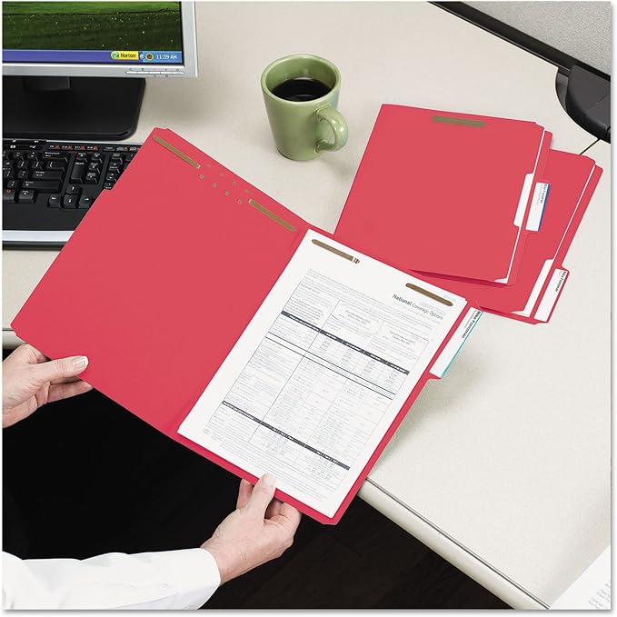 Smead Fastener File Folders, Reinforced 1/3-Cut Tabs, 2 Fasteners, Letter Size, Red, 50 per Box (12740)