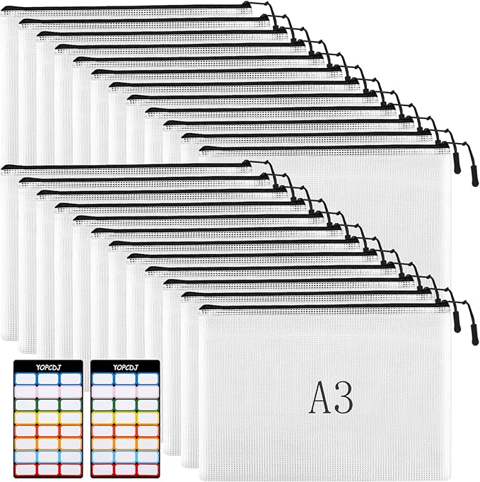 YOPCDJ 24pcs Mesh Zipper Pouches, A3 Size 17 x 12 inches Waterproof Black Zipper Bags, Water-Resistant Plastic Zipper Pouch for School Office Supplies, Puzzles & Games Organizing Storage