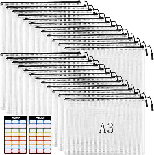 YOPCDJ 24pcs Mesh Zipper Pouches, A3 Size 17 x 12 inches Waterproof Black Zipper Bags, Water-Resistant Plastic Zipper Pouch for School Office Supplies, Puzzles & Games Organizing Storage