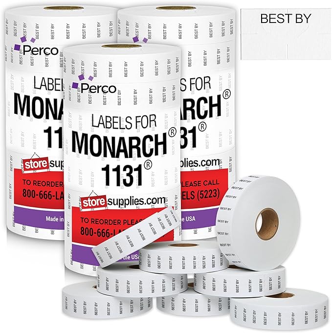 Perco Best BY Labels for Monarch 1131 Price Gun - Buy 2 Sleeves Get 1 Free! 24 Rolls, 60,000 Labels