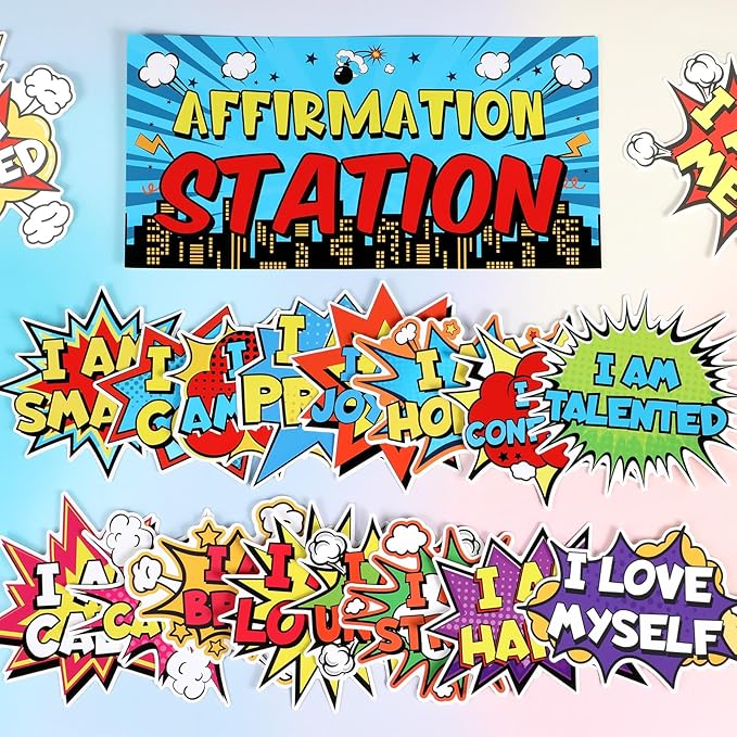 Hero Affirmation Station Bulletin Board Set Hero Positive Bulletin Board for Classroom Growth Mindset Decoration Inspirational Motivational Accent Cutouts for Home School Teacher Wall Mirror Supply
