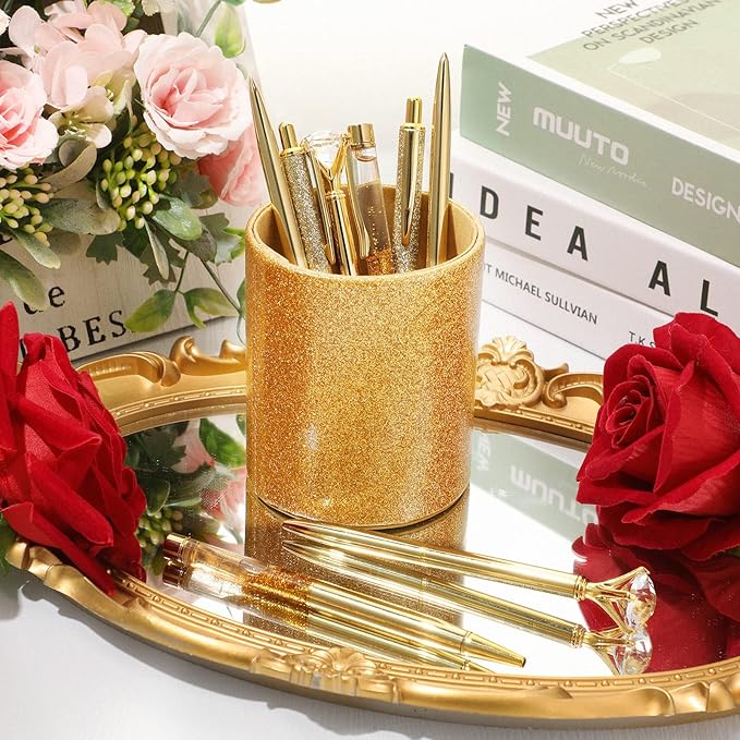 Sabary 8 Pcs Gold Pens with Pen Holder for Desk Glitter Crystal Diamond Cute Ballpoint Fancy Pencil Holder Bling Desk Organizer for Women Girls School Office Supplies Wedding Graduation Gifts