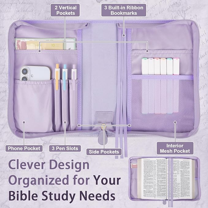 Classic Leather Bible Cover Case with Cross Design and Handle & Shoulder Strap for Women, Durable Bible Study Supplies Organizer Carrying Bag, Christmas Gifts for Christians with Gift Box（Purple