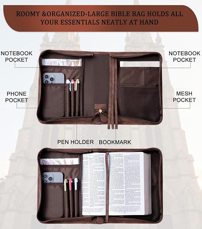 Vegan Leather Bible Bag with Zipper and Handle, Bible Cover Case Organizer for Standard Size Bibles and Accessories, Christian Gift for Men and Women (Brown)