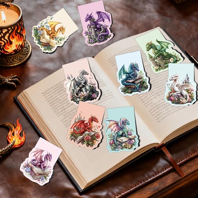 Fantasy Dragon Magnetic Bookmarks Gifts - Cosmisun 9 Pcs Dragon Flower Bookmark for Reader Cool Animal Book Marks Magnets Page Markers Clip Gifts for Women Men Student Teacher Book Lovers