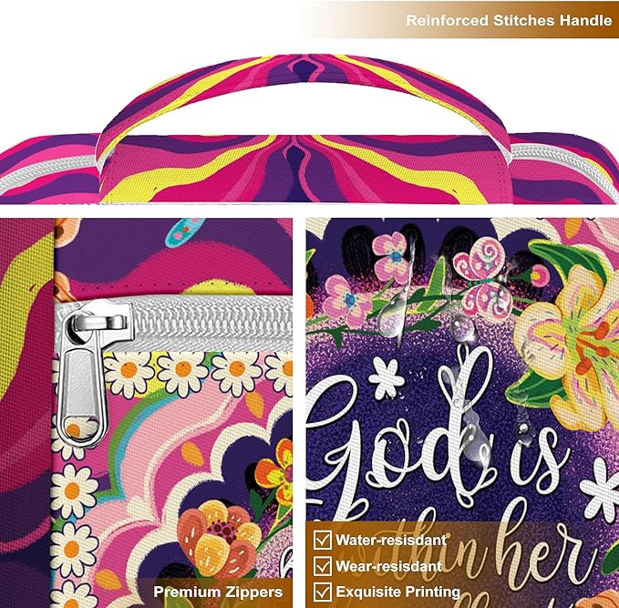 Floral Faith Bible Cover for Women, God is Within Her She Will Not Fall, Christian Canvas Bible Case with Handle and Zipper Pocket, Fits Standard Size Bible, Inspirational Gift for Bible