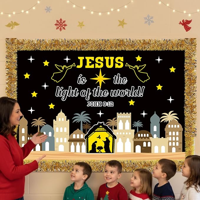 Pasimy Nativity Religious Bulletin Board Classroom Decorations Set Jesus Holy Night Scene 3D Bulletin Board Christian Bible Verse Paper Cutouts for Winter Holiday Xmas School Church Decor