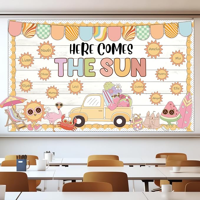 Retro Sun Motivational Bulletin Board Decor Summer Sunshine Bulletin Board Decoration Sunshine Groovy Hippie Paper Cutouts Sun Shine Beach Blackboard for School Classroom Summer Theme Party Supplies