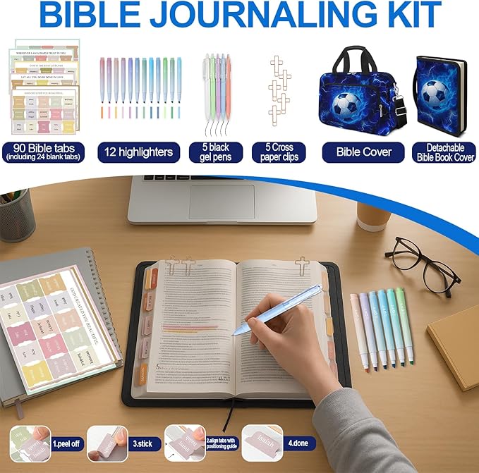Soccer Large Bible Cover Case for Men Boys, Kids Bible Study Supplies Journaling Kit Book Carrying Case Bible Accessories with Pens Highlighters Cross Clips, Christian Gifts for Men