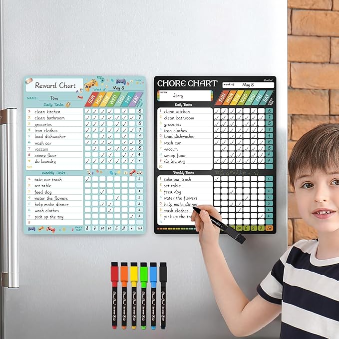 Magnetic Dry Erase Chore Chart - 8.5"x11" Behavior Responsibility Chore Board, Reward Chart for Kids, Teenagers - 6 Extra Fine Point Markers Included - Shipped Flat