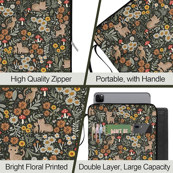Cat Floral Book Sleeve Book Pouch, Cute Cat Floral Print Book Protector Case with Zipper, PU Leather Waterproof Book Cover Bag, Portable Book Pouch for Book Lovers Gifts Paperbacks Hardcover