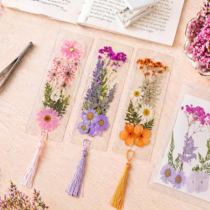Fuyoooo 61 Pcs Dried Flower Bookmark Making Kit, DIY Bookmark Laminating Pouches with Tassels and Puncher, Handmade Craft Kit for Women, DIY Gifts for Book Lovers (Pink Orange Purple,2 x 6 Inch)
