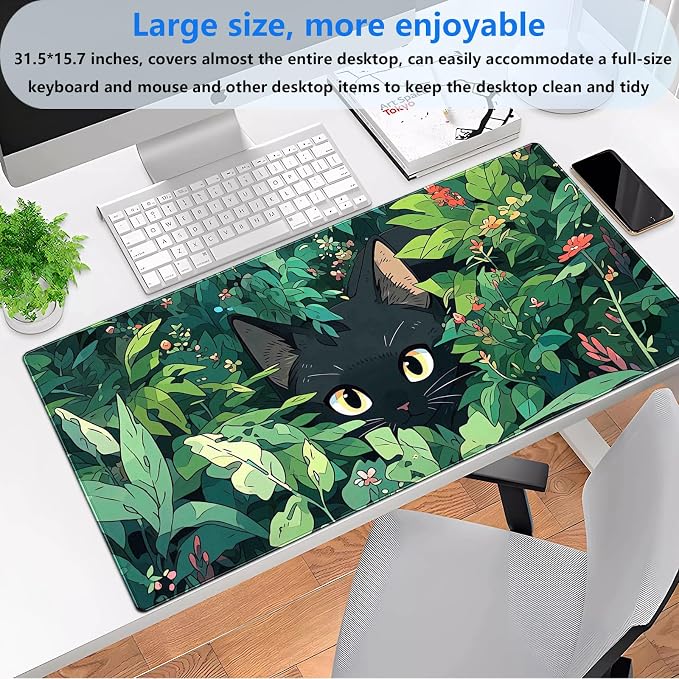 Black Cat Mouse Pad Green XL 31.5 x 15.7 in | Cute Gaming Mousepad, Kawaii Computer Mat, Full Desk Mouse and Keyboard Pad, Stitched Edge, Anti-Slip Washable