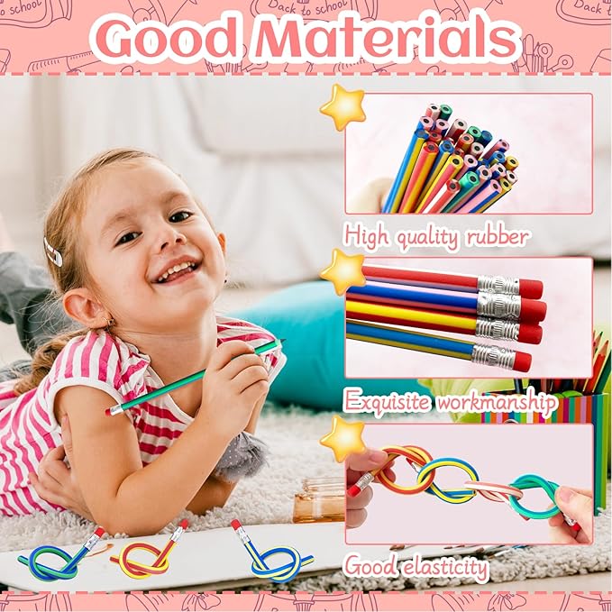 50 Pack Flexible Bendy Pencil,Colorful Stripe Soft Rubber Pencils with Erasers,Bendable Soft Pencil for Kids,Classroom Gifts,Goodie Bag Fillers