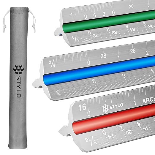 Stylo 12" Aluminum Architect Scale Ruler Laser Etched Triangle Drafting Ruler, Color Coded Grooves for Blueprint, Drafting and Drawing, Architectural Scale Ruler for Blueprints (Grey, Imperial Units)