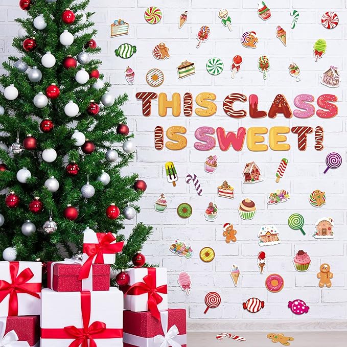 Marspark 68 Pcs Christmas Classroom Bulletin Border Decoration Candy Land Decoration Christmas Cutouts Peppermint Gingerbread Man Donut Ice Cream Cutouts for Classroom Door Wall Windows Decor