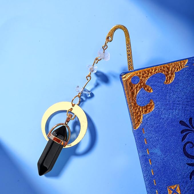 Vintage Metal Bookmark Pendant with Natural Crystal Stones Black Obsidian Bead Chain–Elegant Bookmarks for Women,Men,Book Lovers,Teachers and Girls(Black Onyx)